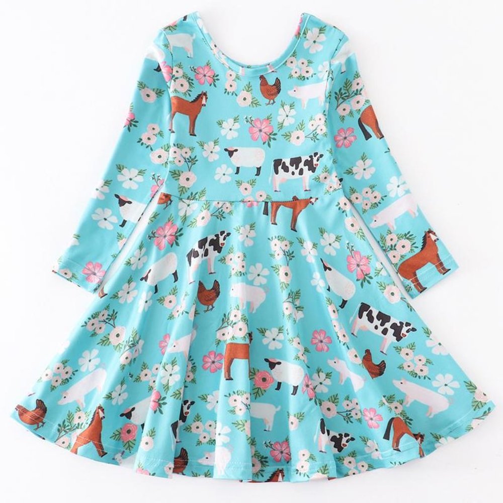 Boutique Farm Cow Horse Floral Long Sleeve Girls Dress